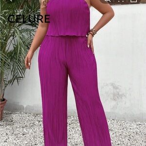 SHEIN Purple Halter Jumpsuit with Wide-Leg Fit